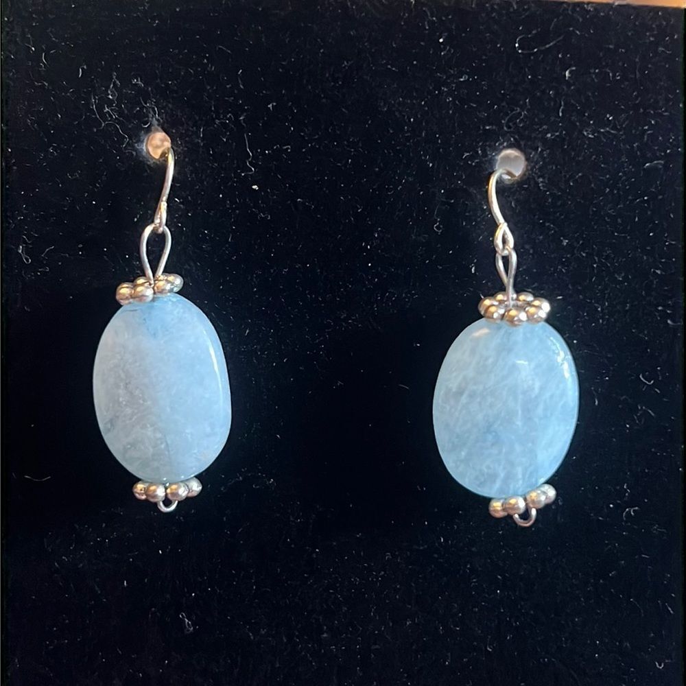 Handcrafted Blue stone earrings with silver tone detail